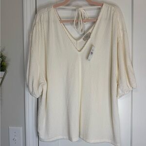 LOFT Ivory Textured Short Sleeve Top